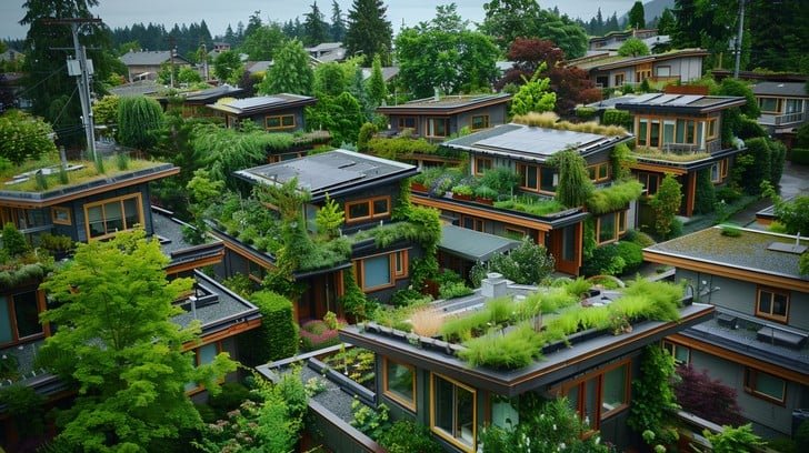 Aerial view of a sustainable co-housing neighbourhood with green spaces.