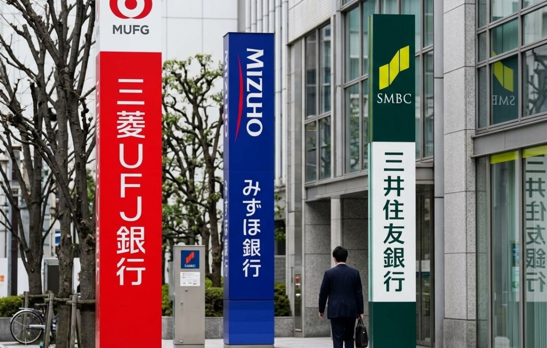 Corporate signs for Japan's leading financial institutions, MUFG, SMBC, and Mizuho, standing outside a modern banking headquarters.