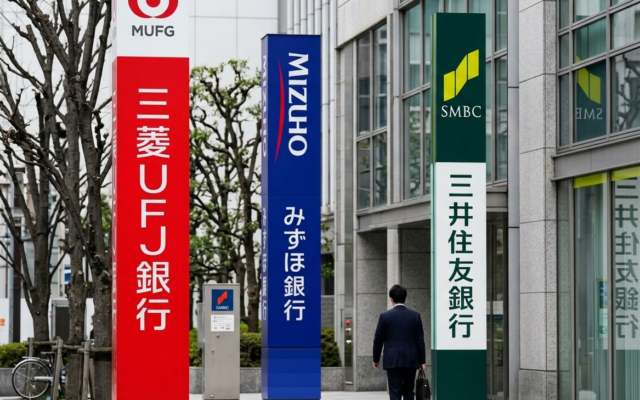 Japan’s Megabanks Join Forces on Stablecoin Launch 9 Corporate signs for Japan's leading financial institutions, MUFG, SMBC, and Mizuho, standing outside a modern banking headquarters.
