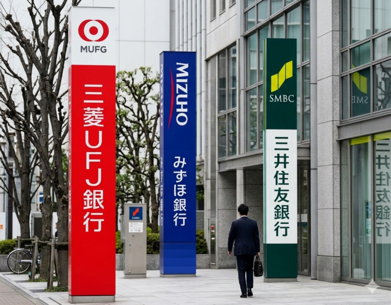 Corporate signs for Japan's leading financial institutions, MUFG, SMBC, and Mizuho, standing outside a modern banking headquarters.