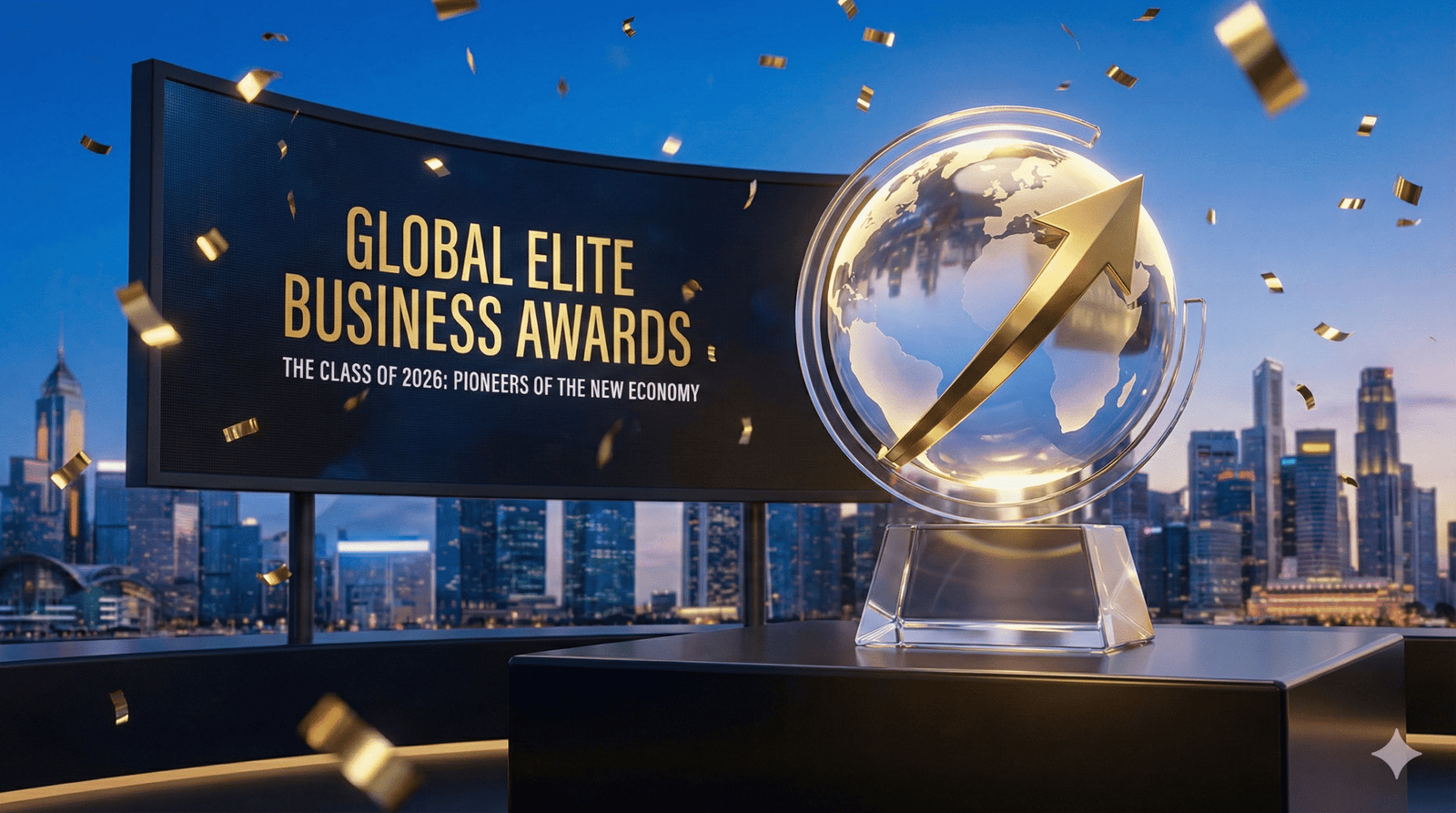 2026 Global Elite Business Awards official winner announcement graphic featuring a luxury trophy and the Pioneers of the New Economy class list
