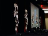 A gold business trophy displayed on a dark stage, representing prestigious global business awards and corporate excellence